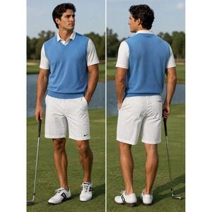 Pro Tour Large Sweater Vest Blue Textured All Cotton Golf Sport Athleisure 48x38